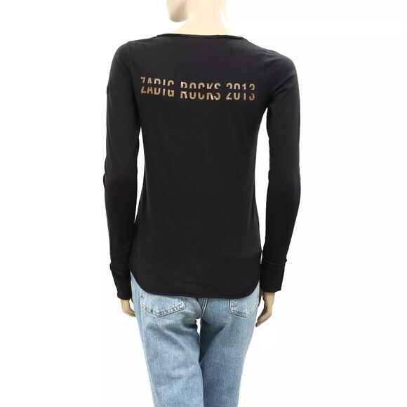 Zadig & Voltaire Zadig Rocks Printed T-Shirt Top Henley Cotton Black S 282660 - Picture 1 of 5